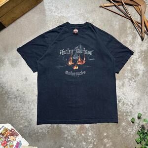 Vintage Y2K Harley Davidson Biker Tee Mens XL Black Orange Skull Flames Shirt